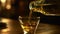 Liquid gold pouring from bottle onto table in whiskey bar generated by AI