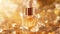 Liquid gold serum in amber glass bottle with dropper on gold background