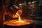 Liquid iron molten metal pouring in container, industrial metallurgical factory, foundry cast, heavy industry background.