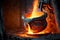 liquid iron molten metal pouring in container, industry metallurgical factory