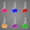 Liquid in laboratory bottles. Scientific biochemical laboratory. Colorful liquid. Isolated on gray background, a group of bottles