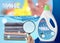 Liquid laundry detergent advertisement design. Woman looking through magnifying glass at clothes, closeup