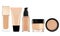 Liquid makeup foundation in bottle and face powder isolated on w