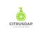 Liquid soap with citrus fruit logo design. Bottle of soap vector design