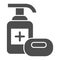 Liquid and soap solid icon. Hygiene health protection glyph style pictogram on white background. Wash disinfect