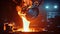 Liquid steel is poured from a metallurgical ladle