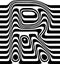 Liquified letter R, 3d striped sign, optical illusion font for opart style logo and monogram. Vector typographic design