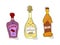 Liquor, champagne and beer with smile on white background. Cartoon sketch graphic design. Doodle style with black contour line.