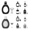 Liquor chocolate, champagne, absinthe, herbal liqueur.Alcohol set collection icons in black,monochrome style vector