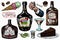 Liquor set. Bottle and shot and Distilled alcohol. Glass in hand for cheers toast. Cigar and sweets, ice cream and