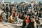 Lisbon, 01 May 2018: Many young people of local people, tourists and migrants on the city lookout platform which is a