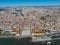 Lisbon City Downtown and City Center, Portugal. Drone Point of View. Sightseeing Places and Famous Architecture Buildings. River