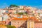 Lisbon cityscape, `Miradouro da Nossa Senhora do Monte` - popular view point in Alfama district, Portugal