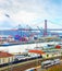 Lisbon commercial port, containers, bridge