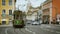 Lisbon, January 2018: an old tram with Santa Claus rides down Lisbon Street near the Jeronimos Monastery