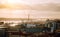 Lisbon panoramic view. Tagus river, the bridge and the shipyard at sunsetlight. Portugal