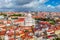 Lisbon, Portugal - 30 may: aerial panoramic city view historic cathedral Panteao Nacional church, central Alfama