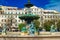 LISBON , PORTUGAL , April 29- 2018. Beautiful view on the fountain on the Rossio square with column during the sunny day . Lisbon