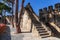 Lisbon, Portugal - Castelo de Sao Jorge aka Saint George Castle. Staircase in the defensive walls with a view of