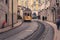 Lisbon, Portugal - Iconic Lisbon tram moving along the streets