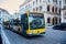 Lisbon, Portugal - January, 2018. The yellow Mercedes bus goes on route 136 to the suburb of Lisbon Odivelas.