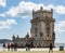 Lisbon, Portugal - May 12, 2018: Historic Torre de Belem tower at Tejo River banks in Lisbon, Portugal