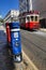 Lisbon, Portugal: old red tram in Lisbon with colorful mailboxes