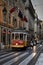 Lisbon, Portugal - September 3, 2019 - Classic electric tramcar on the streets of the city