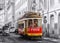 LISBON, PORTUGAL, SEPTEMBER 9, 2015: historic red retro tram adv