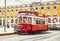 Lisbon, Portugal. Vintage red retro tram