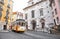 Lisbon, Portugal. Vintage yellow retro tram