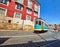 Lisbon, Portugal. Vintage yellow retro tram