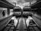 At the Lisbon railway station Cais de sodre. Old city. Suburban trains. Portugal. Black and white