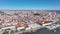 Lisbon Skyline. Downtown and Old Town in Background. Portugal. 4k. Drone Point of View