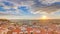 Lisbon at sunset aerial panorama view of city centre with red roofs at Autumn evening , Portugal