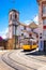 Lisbon tram on urban tramway network. Alfama district route. Portugal