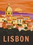 Lisbon VintageTravel Poster. Portugal cityscape landmark, sea, sunset sky. Vector illustration