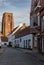 Lissewege, Flanders - Belgium - Scenic view over the old paved streets and the Church of Our Lady of the Visitation