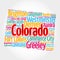 List of cities in Colorado USA state, map silhouette word cloud map concept background