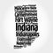 List of cities in Indiana USA state, map silhouette word cloud map concept background