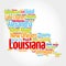 List of cities and municipalities in Louisiana USA state, map silhouette word cloud map concept background