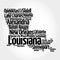 List of cities and municipalities in Louisiana USA state, map silhouette word cloud map concept background
