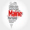 List of cities and towns in Maine USA state, map silhouette word cloud map concept background