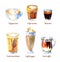 List of coffee drinks with titles. Watercolor set. Hand drawn sketch illustration with glasses and mugs