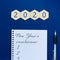 List of New Years resolutions  written on note pad in a conceptual image of the coming new year with number 2020