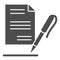 List paper and pen solid icon. Contract record, report, document signing symbol, glyph style pictogram on white