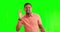 Listen, hear and black man on green screen with hand gesture for deaf, hearing problem and whisper. Communication