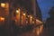 Liston pedestrian street night view with evening lanterns illumination, Kerkyra city, Corfu island, Greece, Ionian sea islands,