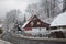 Listopad street in winter, Swieradow Zdroj resort, northern slope of Jizera Mountains, Poland