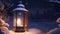 A lit candle in a lantern covered in snow